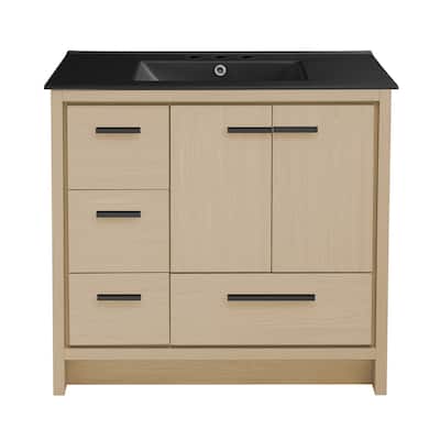 Virage 36 In. Brown Oak Bathroom Vanity With Black, 3-Hole Ceramic Sink Top
