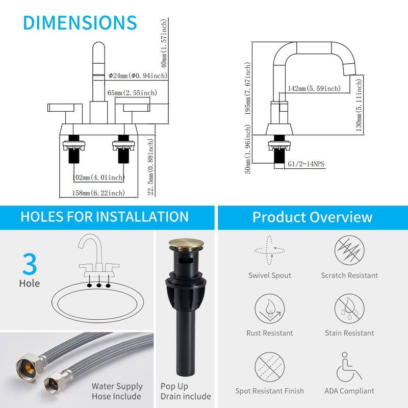 Modern 2 Handle 360° Swivel Bathroom Sink Faucet with Pop Up Drain and Water Supply Line, Anti Fingerprint, Anti Rust