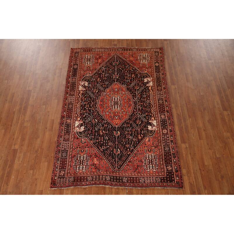 Black Tribal Shiraz Persian Vintage Area Rug Handmade Wool Carpet - 5'4"x 8'0"