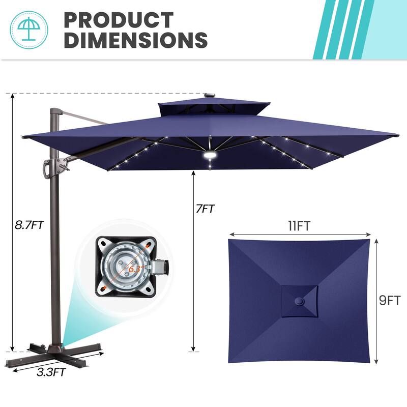 9 x11 FT Double Top Cantilever Patio Umbrella Large Rectangle with LED Lights