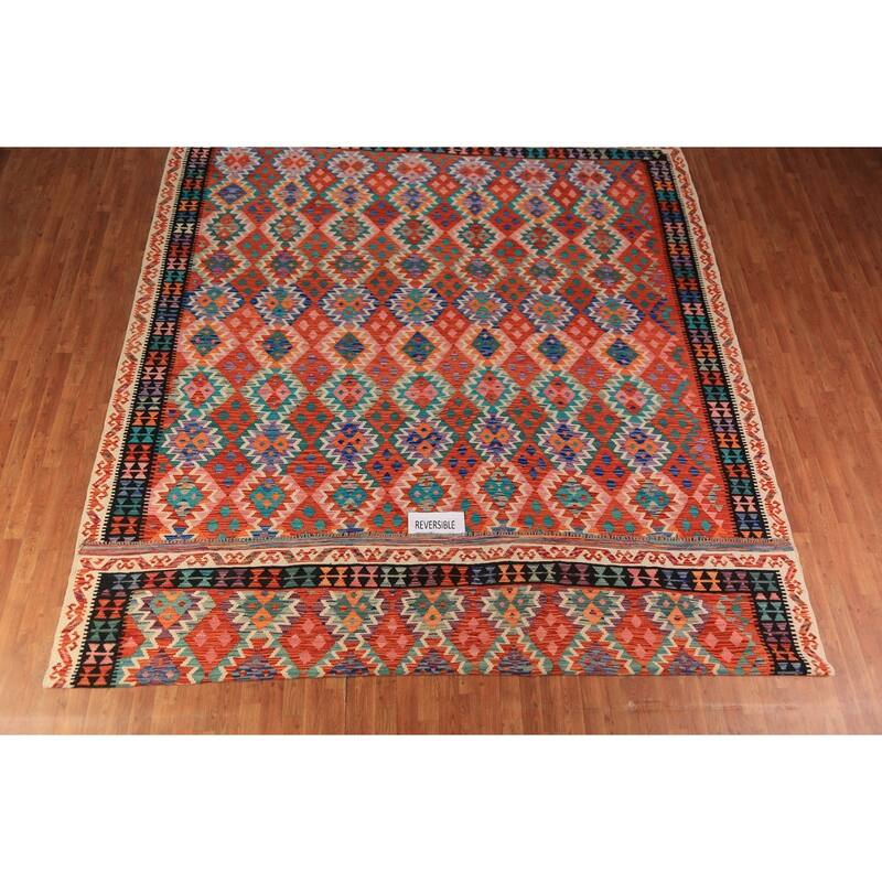 Reversible Kilim Oriental Rug Hand-Woven Geometric Wool Carpet - 10'8"x 13'3"