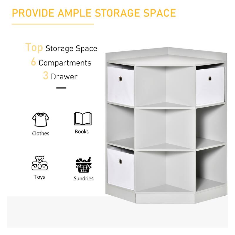 Kids Corner Cabinet, Cubby Toy Storage Organizer, Bookshelf Unit with Three Baskets