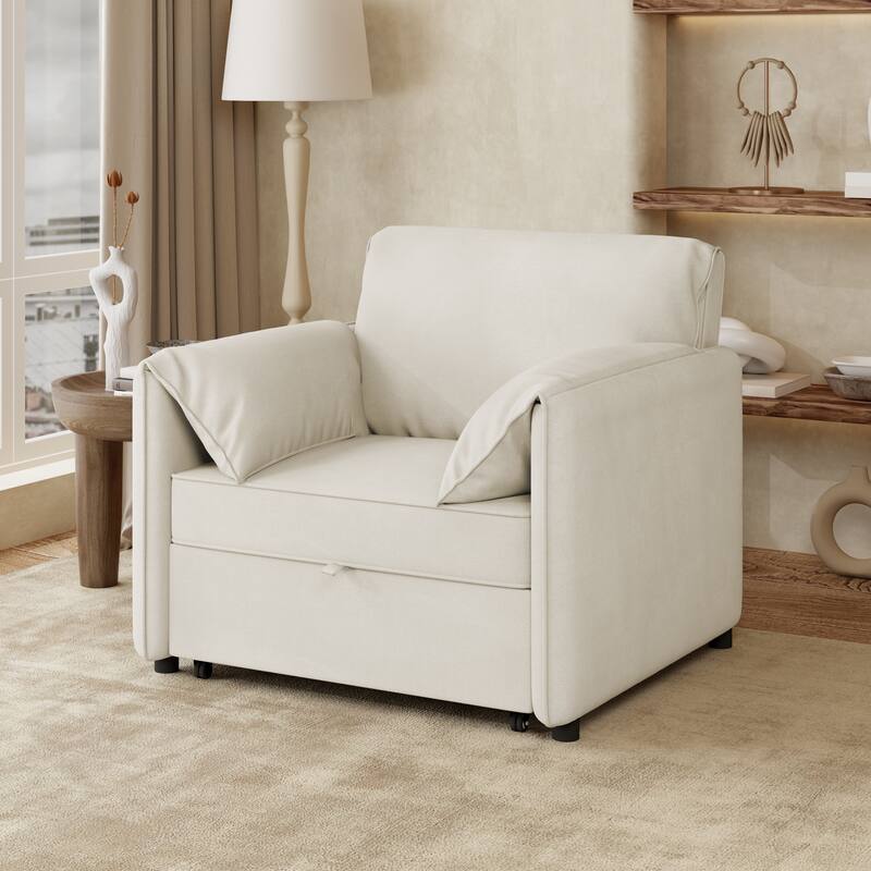 Linen Upholstered 3-in-1 Convertible Sleeper Chairs Bed with Thick Cushions Pull-out Sofa Bed and Pillow Top Arms Chaise Lounges