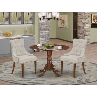 HomeStock 3-Piece Round Mahogany Finish Solid Wood Top Dining Table with 2-Parson Chairs with Drop Leaf