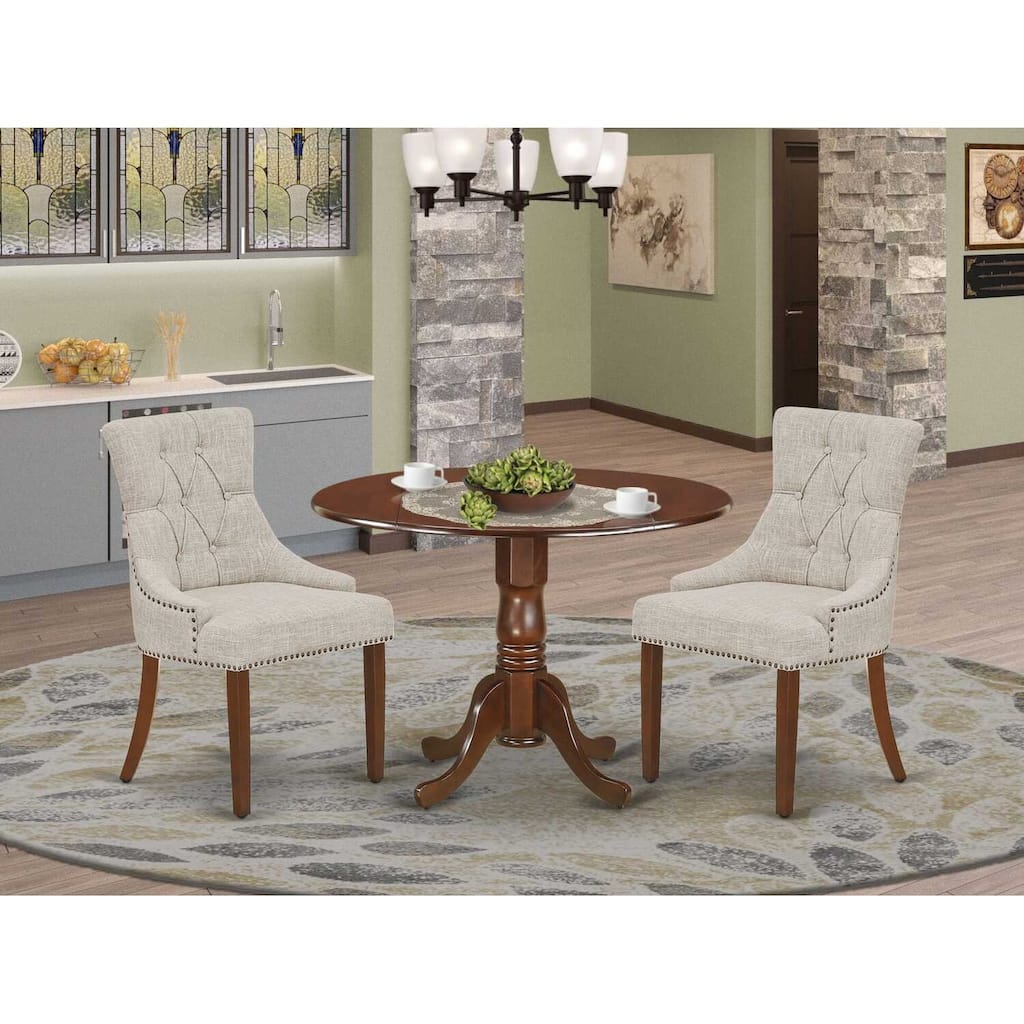 HomeStock 3-Piece Round Mahogany Finish Solid Wood Top Dining Table with 2-Parson Chairs with Drop Leaf