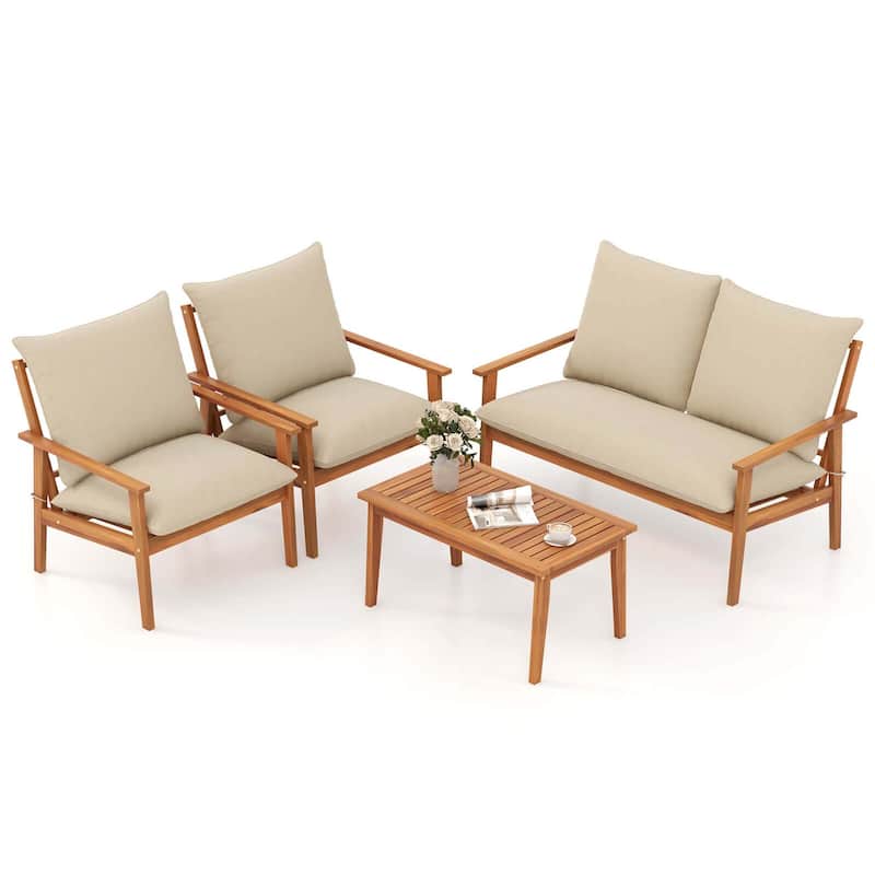 Gymax Set of 4 Patio Acacia Wood Furniture Set w/ Soft Cushions & - Beige