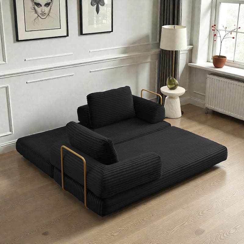 Convertible Sofa Bed Futon, Corduroy Folding Floor Couch with Pillows, Boneless Sleeper Mattress for Living Room