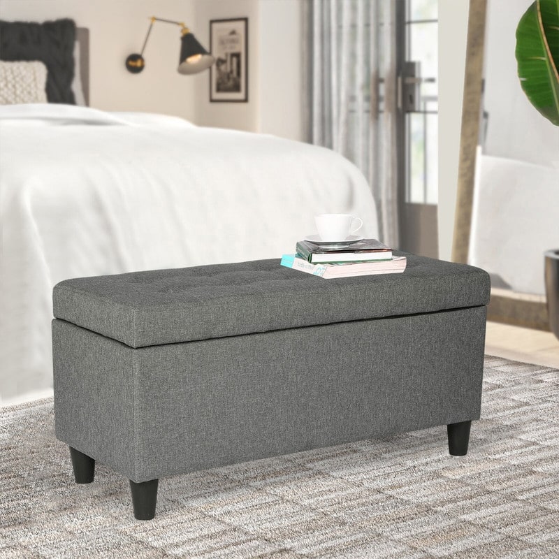 Adeco Storage Ottoman Bed Bench Fabric Tufted Upholstered Foot Stool - Grey