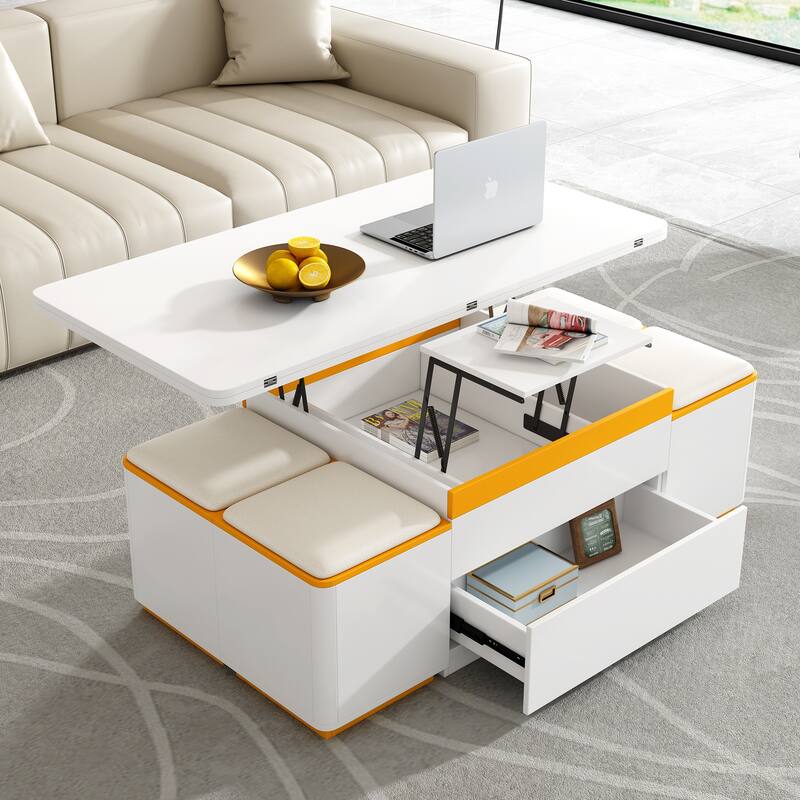 Lift-Top Coffee Table with 4 Storage Stools, Modern Space Saving Center Table with Foldable Top - White