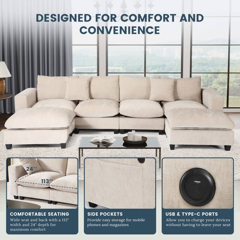 Lucca 6-Piece Chenille Upholstered Modular Sectional with USB Port