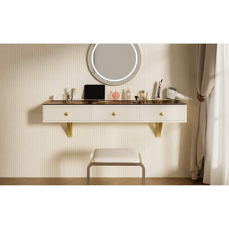 47 inch Floating Shelf with Drawer Multi Purpose Wall Mounted Vanity Table White Golden