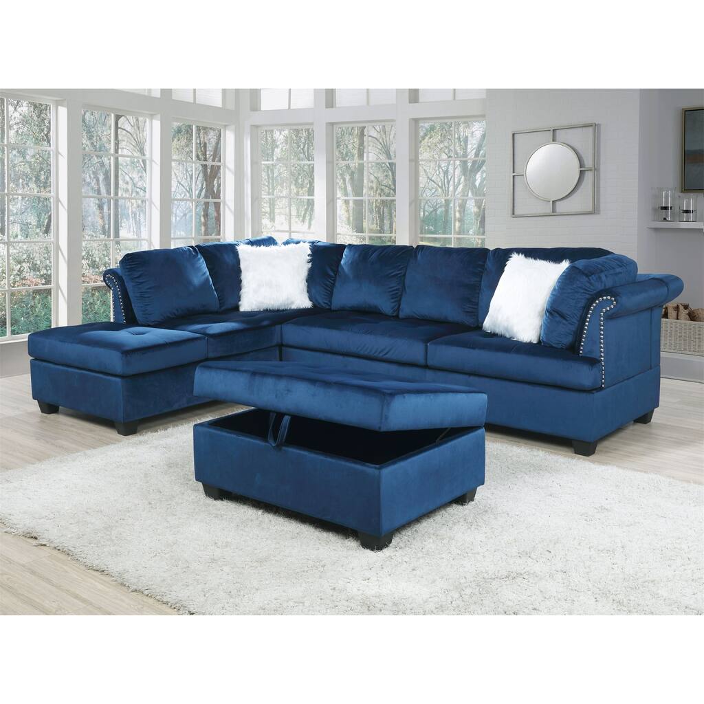 Sectional Sofa L-shape Velvet Chaise Chair in Small Areas, Navy Blue