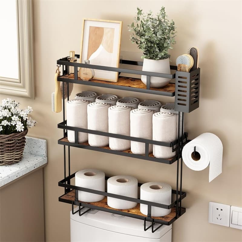 Over Toilet Bathroom Organizer - 6"D x 12.6"W x 21"H - Black Large Wood Bottom