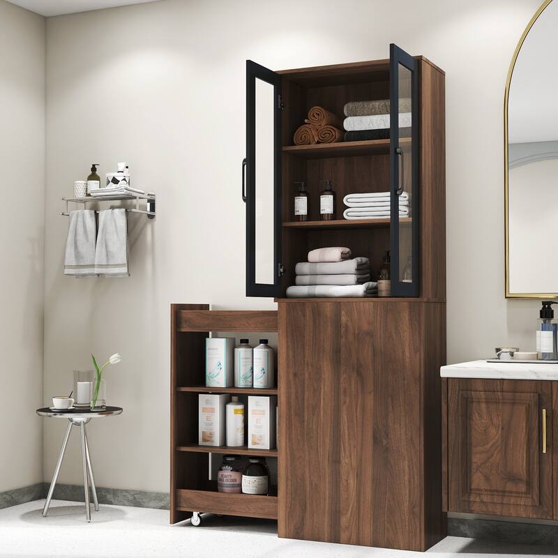 Roomfitters 70.87" Display Storage Cabinet with 2 Glass Doors and 4-Tier Pull-Out Shelves, Modern Wooden Kitchen Pantry Cabinet