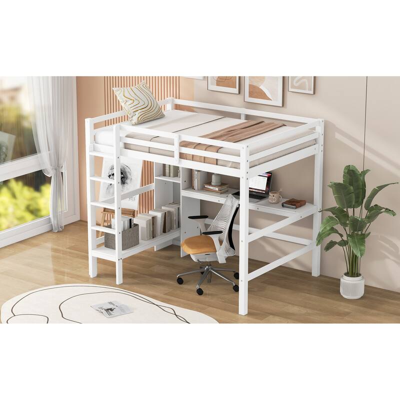 Wood Loft Bed for Bedroom with Multifunction Shelves, Guardrail and Built-in Desk, Full Size Wood Bed Frame No Box Spring Needed