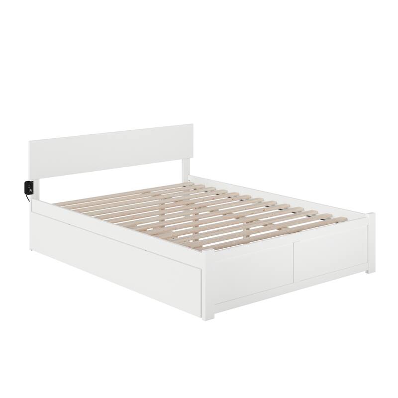 Visions Platform Bed with Trundle & USB Charger - Twin XL - White Wood Frame - Minimalist Design