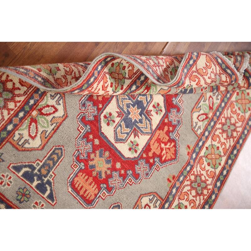 Geometric Kazak Rug Hand-Knotted Grey Wool Carpet - 3'3"x 4'10"