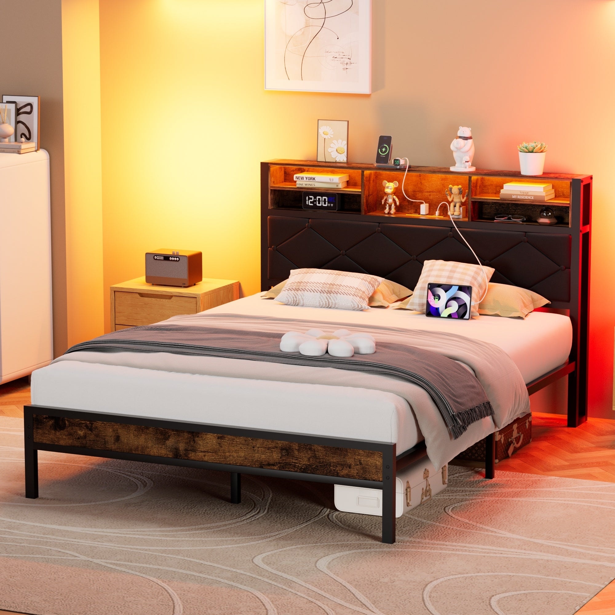 VECELO Bed Frames with Charging Station and LED Lights, Upholstered Headboard with Storage Shelves