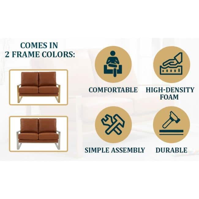Jefferson Modern Leather Loveseat Gold with Gold Metal Base, Cushion Seating, Pocket Springs, and Protective Floor Pads - 53.1