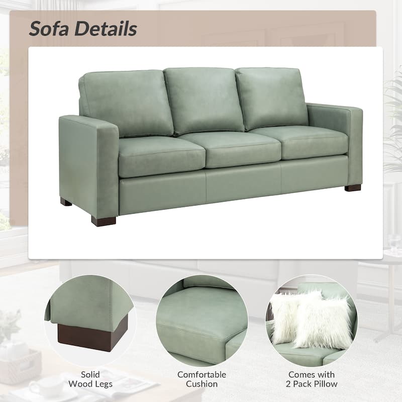 Ernando 83.46" Wide Genuine Leather Sofa with Squared Arms and Pillows