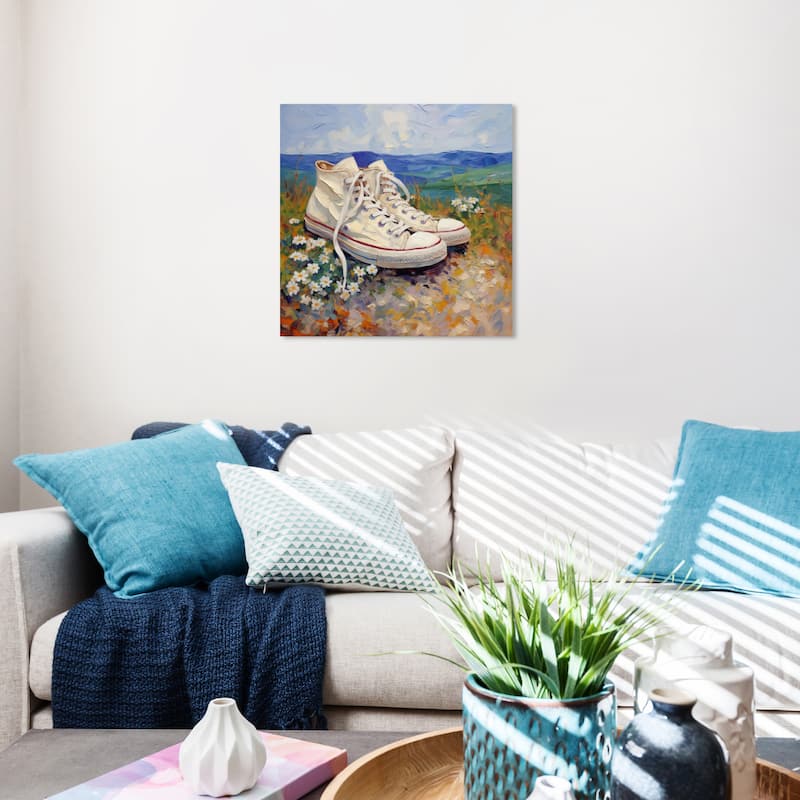 Wynwood Studio Canvas Fashion and Glam Sneakers Lost in a Field Blue and Cream White Rustic Wall Art Canvas Print - 20 x 20