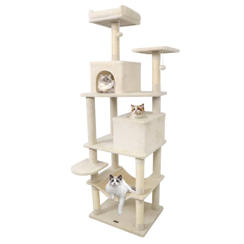 Costway 70” Cat Tree for Indoor Cats with Padded Top Perch, Dual - See Details - Beige