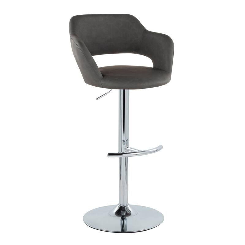 Porch & Den Vallen Adjustable Faux Leather Bar Stool with Rounded T Footrest (Set of 2) - Grey Faux Leather/Chrome Metal