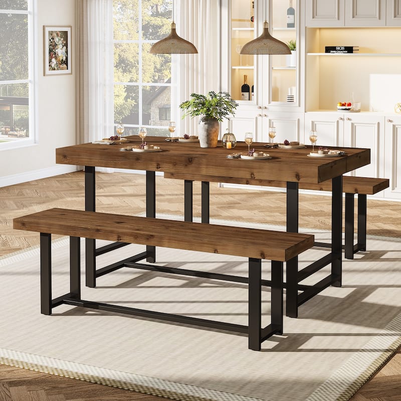 Rustic Rectangular Dining Table Set for 4 with 2 Chairs, Brown - N/A