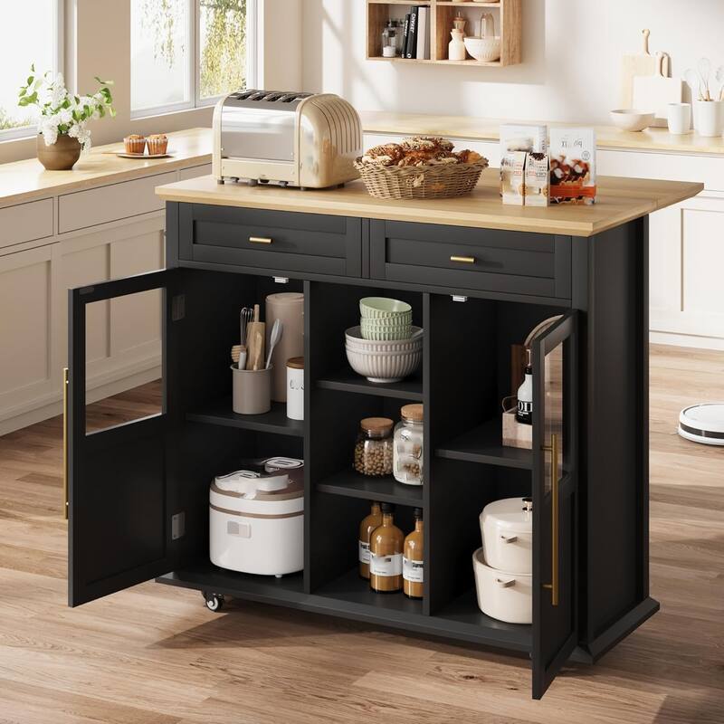 Kitchen Island, Rolling Kitchen Island Cart On Wheels With Widen Drop Leaf Top, 2 Glass Doors, Spice Rack & Towel Holder