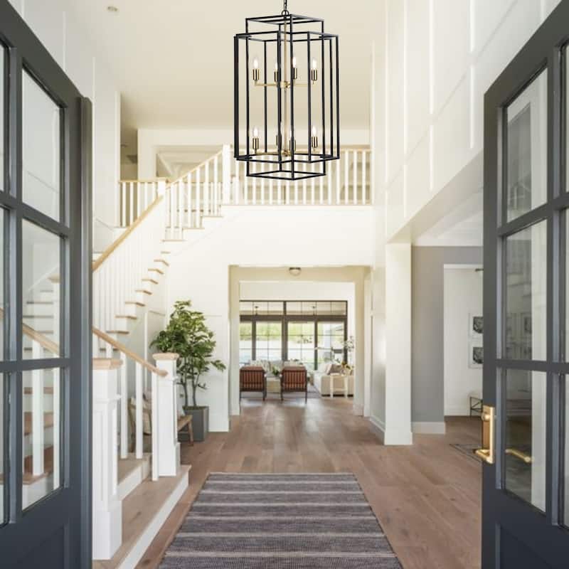 8-Lights Black & Gold Lantern Tiered Pendant Light Fixtures, Industrial Farmhouse Hanging Chandelier (No Bulbs)