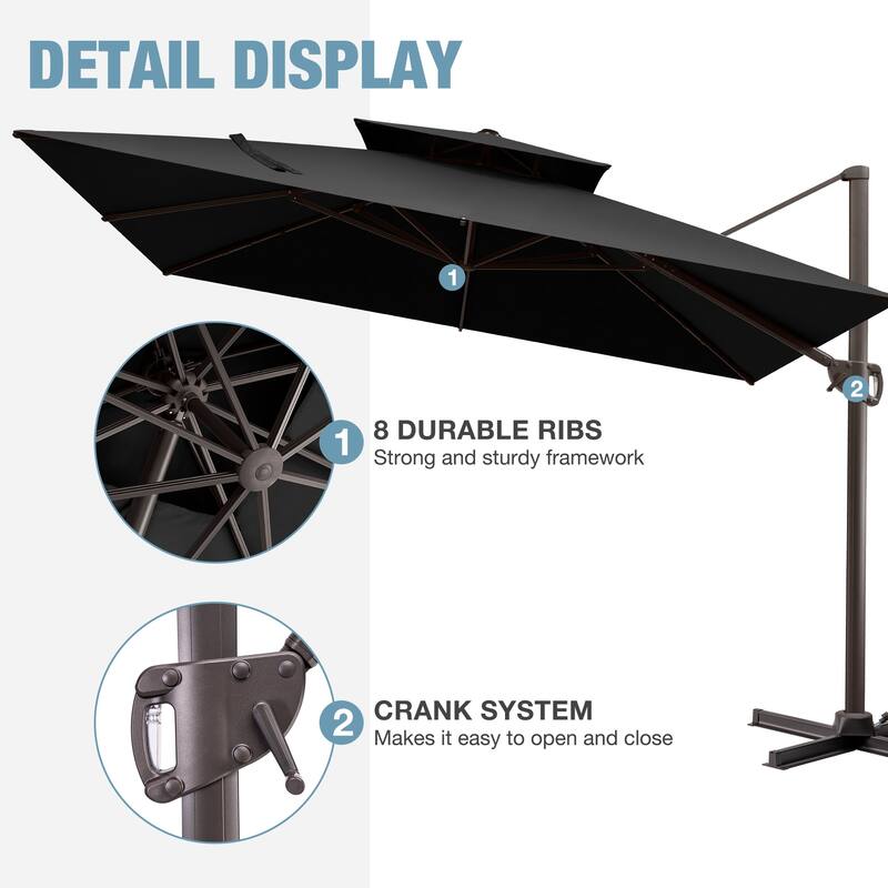 VredHom 11 FT Square Outdoor Patio Double Top Cantilever Umbrella with Weight Base