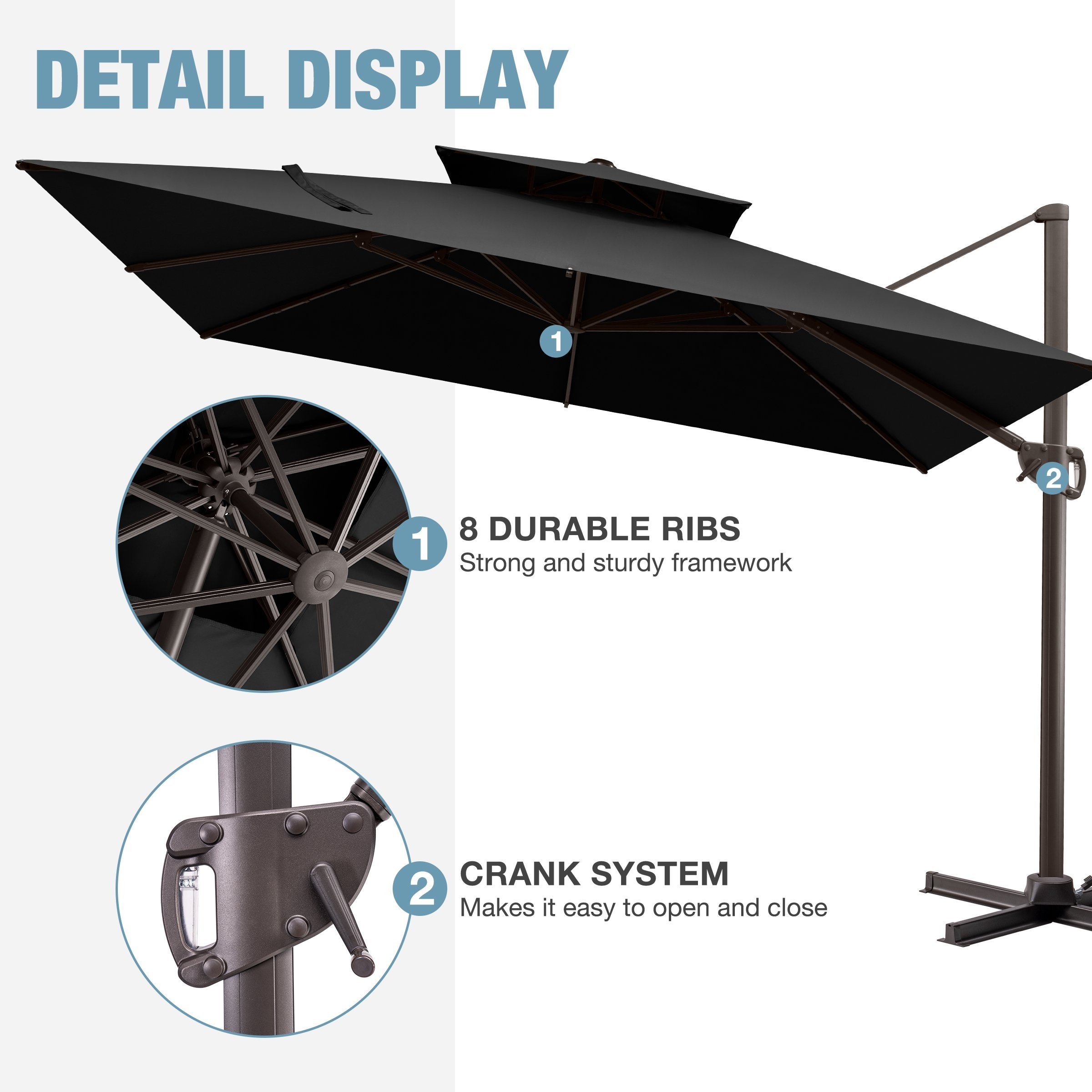 high wind offset patio umbrella 10ft Large Round Cantilever with Base Included, Windproof Umbrella with 360Rotation and 0.07" Thickened Aluminum Pole, Heavy position adjustable function Double top design allows enough air flow and heat venting 360 PURPLE LEAF 11 Feet Patio