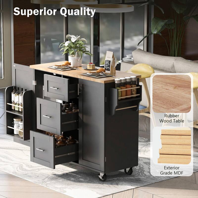 Rolling Kitchen Island with Rubber Wood Top, Drawers, Shelves, Internal Storage, Wheels, Spice & Towel Racks