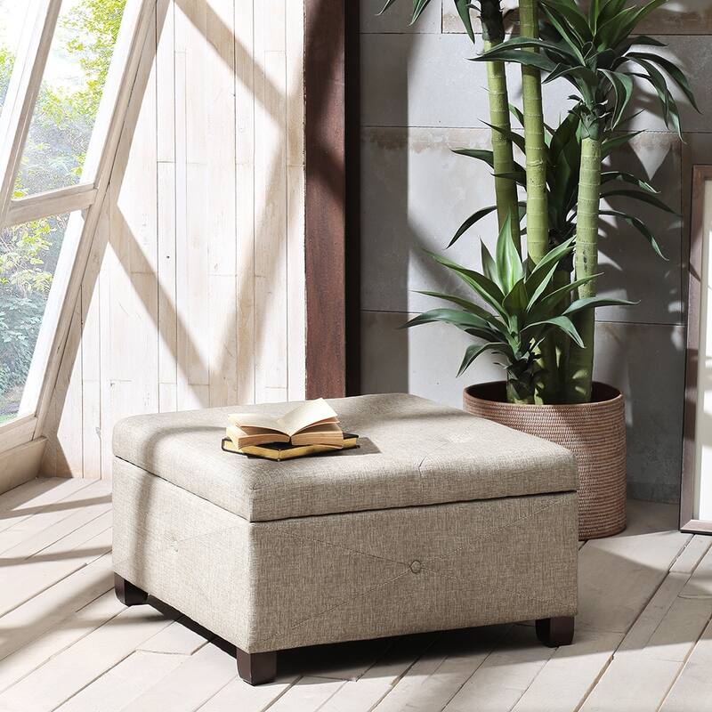 Sand Upholstered Storage Ottoman with Button-Tufted Details and Solid Wood Legs - Sand - Medium