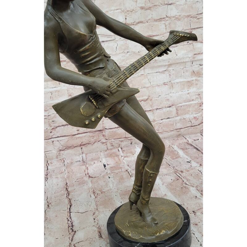 Rock And Roll Girl Guitarist Bronze Sculpture On Base