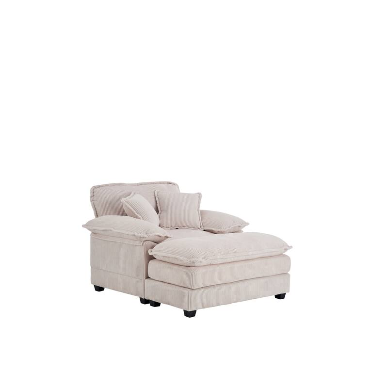 Deep Seat Accent Chair & Ottoman Set of 2, Reclining Sofa Chair, Corduroy Upholstered Chaise Lounge Couch with 2 Toss Pillows