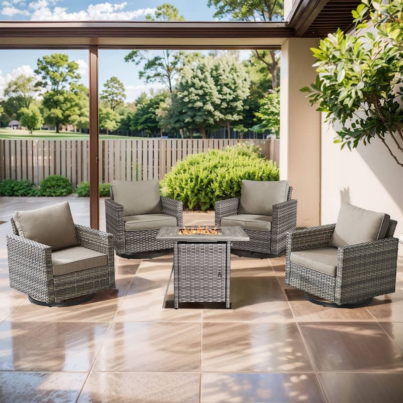 Outdoor Pocassy Glider Chairs Patio Chairs with Fire Table - Grey Wicker Grey Cushion - 5PCS Swivel Chairs