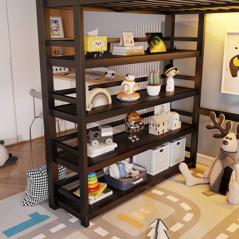 Full Size Metal Loft Bed with Charging Station and 4-Shelf Storage, Kids & Teens Loft Bed with Storage Stairs