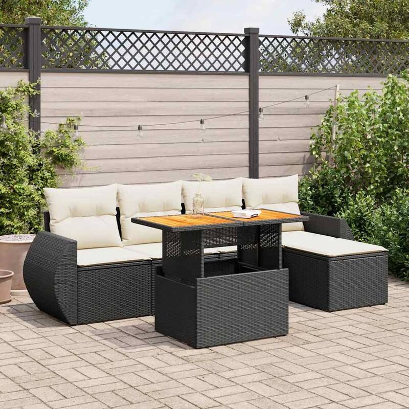 vidaXL Patio Sofa Set with Cushions Modular Sofas and Table 6 Piece Poly Rattan - 21.7 x 39.4 x 28.7 - Black and cream with storage