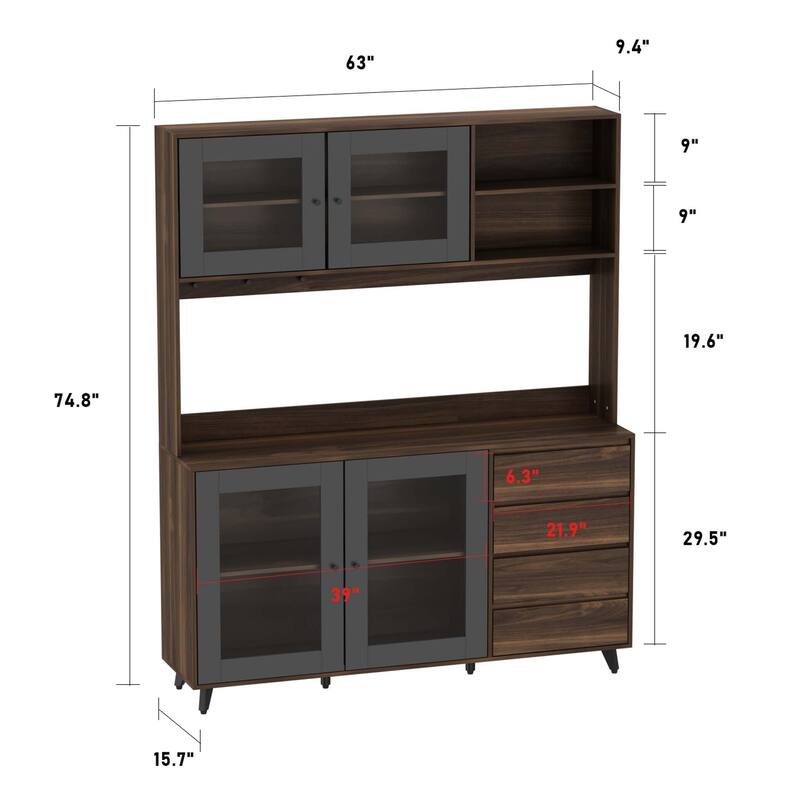 63" Large Kitchen Pantry Storage Cabinet Drawers Shelves Glass Doors