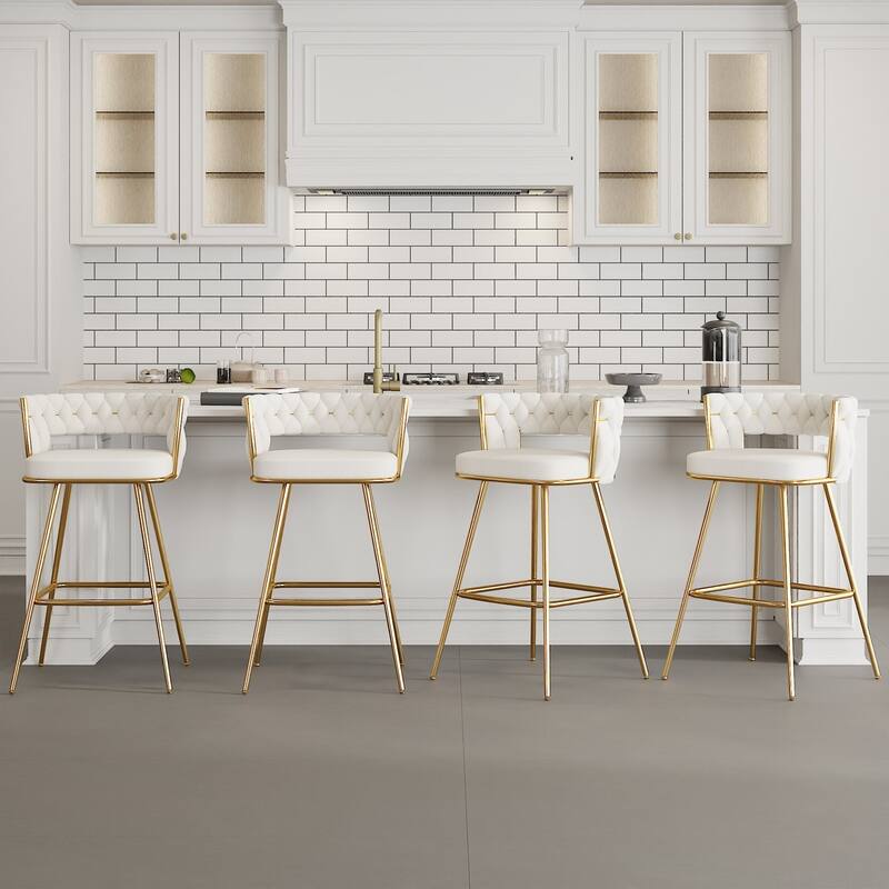 Javlergo Set of 2/4/6 Counter Height Bar Stools, 26.77" Upholstered Woven Back Bar Chairs with Armrests and Footrest - White - Set of 4