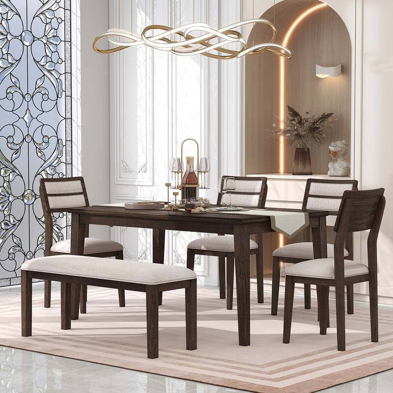 6 PCS Classic Dining Set for 6 with Bench and Upholstered Chairs