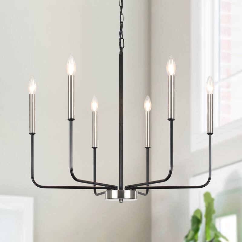 6-Light W26.18" x H66.92" Candle Chandelier for Living Room Kitchen Island - Black+Nickel