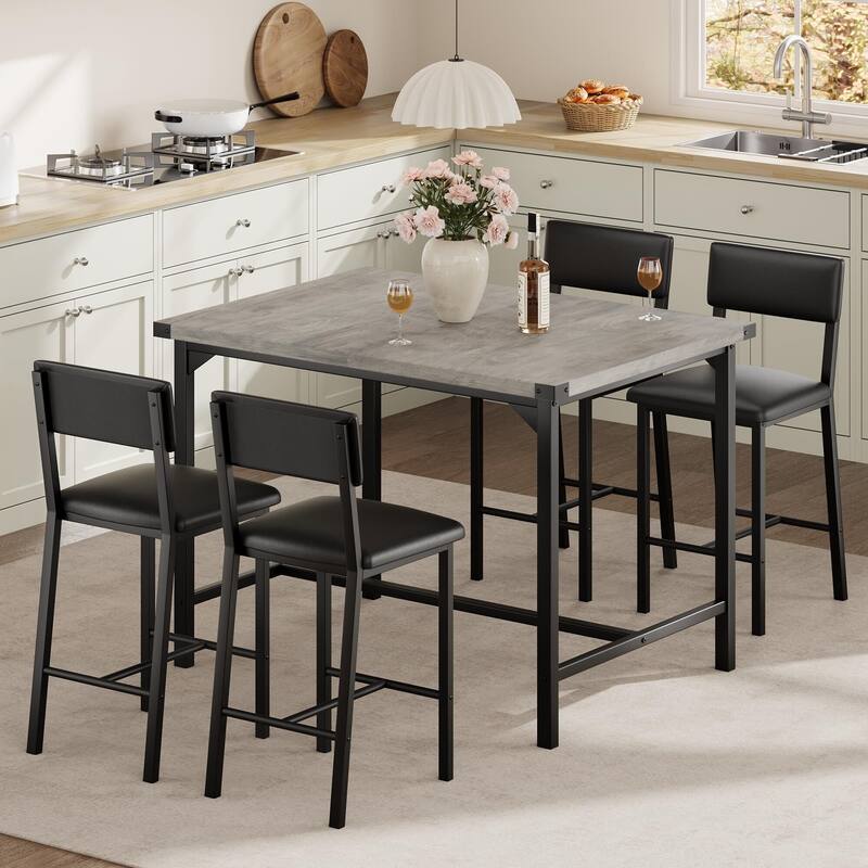 Dining Table Set for 4 w/Footrest & Corner Protector, 5-Piece Kitchen Table Set - Grey