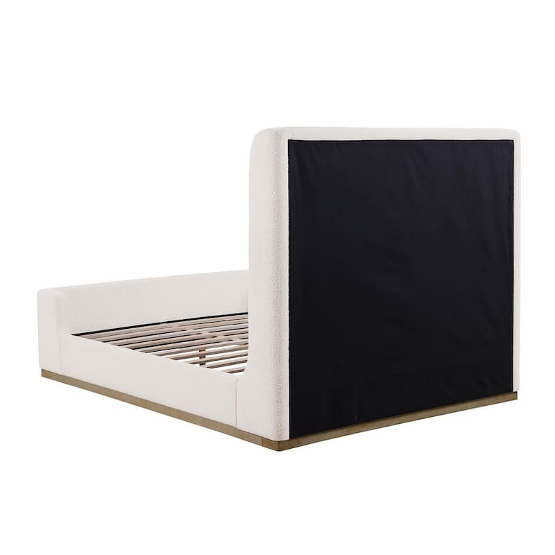 Upholstered Sleigh Bed with Wood Finish Trim in Cream