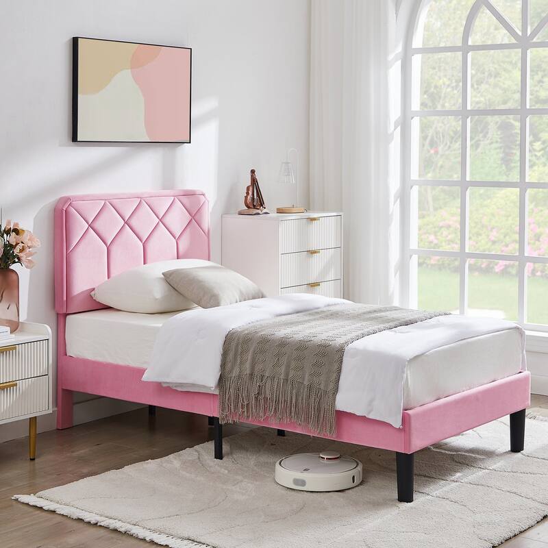 VECELO Adjustable Height Velvet Upholstered Bed Diamond Tufted Headboard with 7.8" Underbed Storage No Box Spring Needed