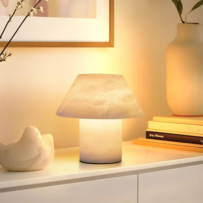 Brightech Alora LED Marbled Natural White Alabaster Stone Modern Industrial Empire Bedside Nightstand Desk Lamp