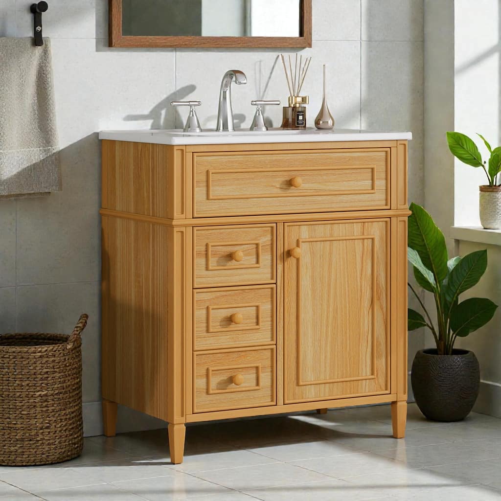 30" Bathroom Vanity with Ceramic Sink, Wood Cabinet with Flip-Out Drawer, Soft-Close Drawers and Door