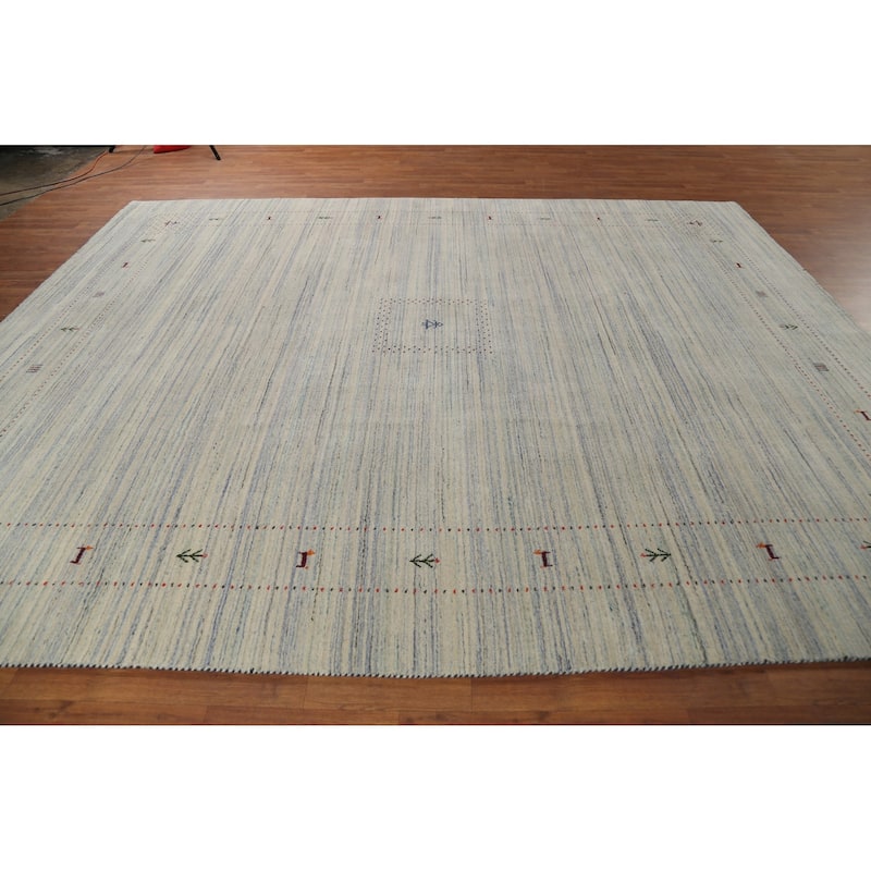 Striped Tribal Gabbeh Oriental Area Rug Hand-Knotted Beige Wool Carpet - 9'3"x 11'7"