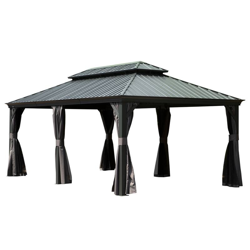 12' X 20' Hardtop Gazebo with Galvanized Steel Roof, Aluminum Frame, Curtains & Netting for Patio, Deck, Garden